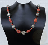 Mediterranean Coral Necklace, Salmon Red Coral Necklace, Sterling Silver Necklace, Silver Floral Ball Necklace, Natural Coral Jewelry