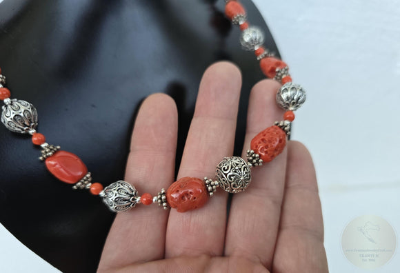 Mediterranean Coral Necklace, Salmon Red Coral Necklace, Sterling Silver Necklace, Silver Floral Ball Necklace, Natural Coral Jewelry