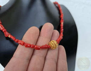 Traditional Croatian Filigree Solid 14k Gold Mediterranean Red Coral Necklace, Dubrovnik Filigree Gold Wedding Necklace Long Bridal Necklace