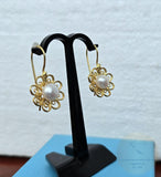 Traditional Croatian Earrings, Flower Shaped 24k Gold Plated Filigree Half Ball Earrings, White Freshwater Pearl Earrings, Sterling 925