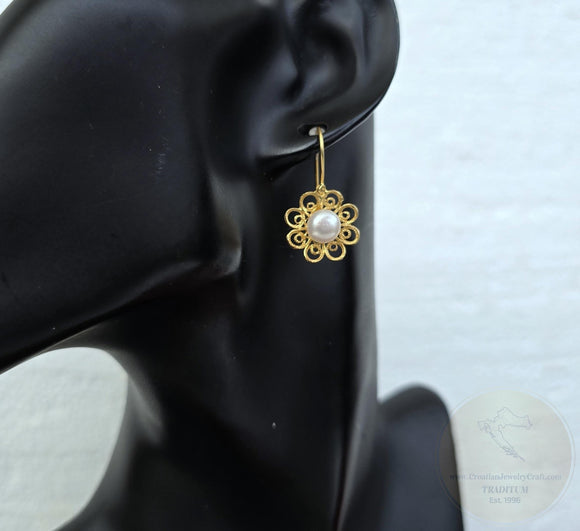 Traditional Croatian Earrings, Flower Shaped 24k Gold Plated Filigree Half Ball Earrings, White Freshwater Pearl Earrings, Sterling 925