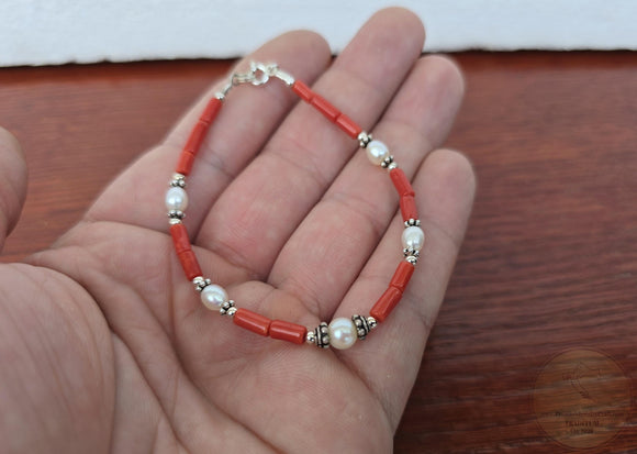 Small Bead Red Coral Bracelet, White Pearl Bracelet, Mediterranean Coral, Sterling Silver Natural Coral Jewelry, Handmade in Croatia