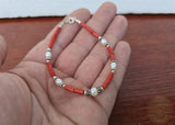 Small Bead Red Coral Bracelet, White Pearl Bracelet, Mediterranean Coral, Sterling Silver Natural Coral Jewelry, Handmade in Croatia