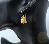 Traditional Croatian Earrings, Flower Shaped 24k Gold Plated Filigree Half Ball Earrings, White Freshwater Pearl Earrings, Sterling 925