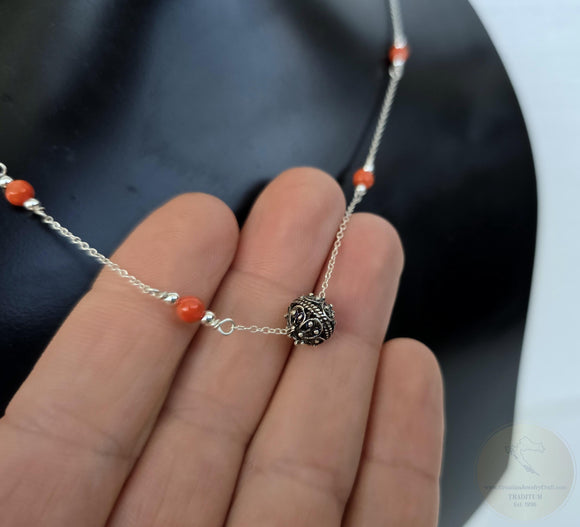 Mediterranean Coral Chain Necklace With Traditional Croatian Filigree Ball, Dubrovnik Filigree Salmon Red Coral Necklace