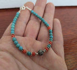 Croatian Filigree Bracelet, Small Round Bead Turquoise Bracelet, Mediterranean Red Coral & Dubrovnik Filigree Ball Bracelet, Sterling Silver