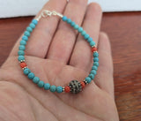 Croatian Filigree Bracelet, Small Round Bead Turquoise Bracelet, Mediterranean Red Coral & Dubrovnik Filigree Ball Bracelet, Sterling Silver