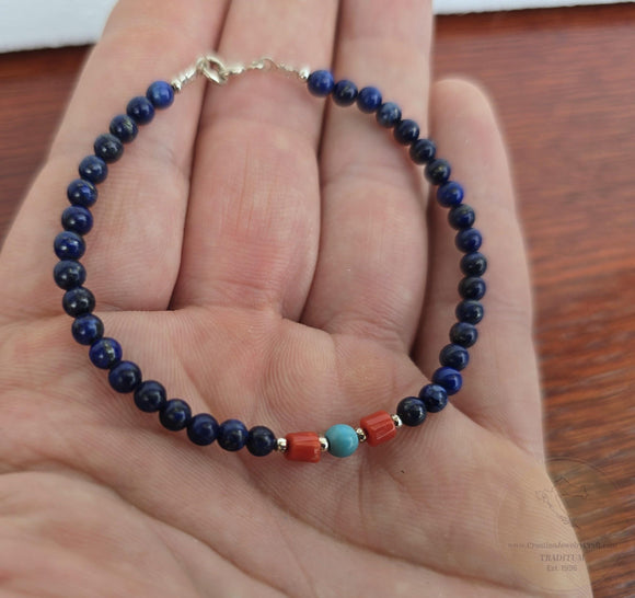 Colorful Small Bead Lapis Bracelet, w Mediterranean Coral & Turquoise Gemstone Bracelet, Sterling Silver Bracelet, Blue Stone Bracelet
