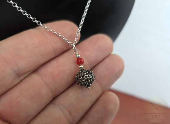 Traditional Croatian Mediterranean Red Coral Filigree Ball Pendant, Dubrovnik Jewelry, Sterling Silver Ball Pendant, Vintage Ethnic Jewelry