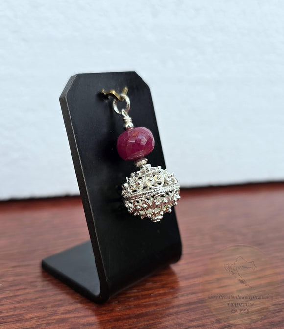 Genuine Ruby Pendant, Dubrovnik Filigree Ball Pendant, Dark Red Stone Pendant, Sterling Silver Filigree Pendant, Red Gemstone Pendant