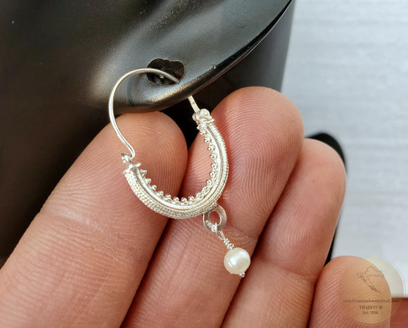 Croatian Hoop Earrings, Sterling Silver Filigree Hoops, White Pearl Dangle Hoops, Konavle Earrings, Dubrovnik Jewelry, Wedding Jewelry