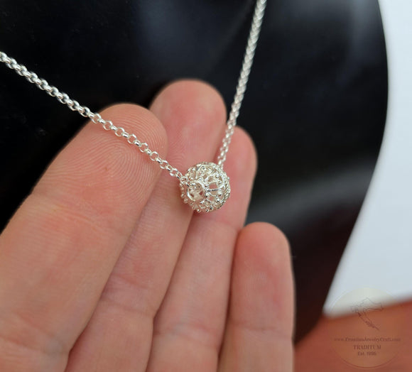 Croatian Minimalist Silver Chain Necklace, Ball Pendant Necklace, Dubrovnik Filigree Ball Necklace, Sterling Chain Necklace