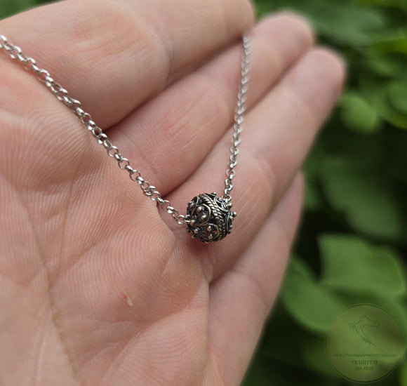 Croatian Minimalist Silver Dainty Chain Necklace, Ball Pendant Necklace, Dubrovnik Filigree Ball Necklace, Oxidized Sterling Chain Necklace