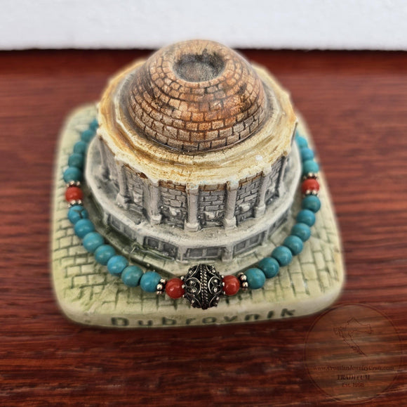 Croatian Filigree Bracelet, Small Round Bead Turquoise Bracelet, Mediterranean Red Coral & Dubrovnik Filigree Ball Bracelet, Sterling Silver