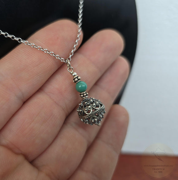 Traditional Croatian Jewelry, Ethno Dubrovnik Jewelry, Turquoise Gemstone Pendant, Sterling Silver Filigree Ball Pendant, Filigree Pendant
