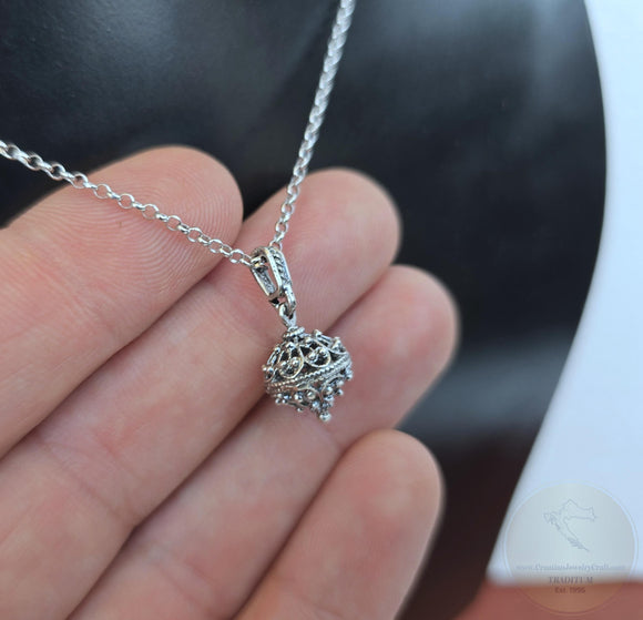 Traditional Croatian Dainty Filigree Ball Pendant, Dubrovnik Jewelry, Sterling Silver Ball Pendant, Mediterranean Vintage Ethnic Jewelry
