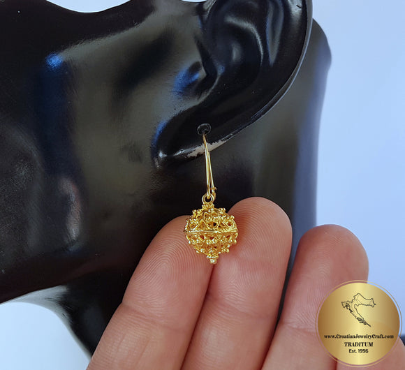 Traditional Croatian Filigree Ball Earrings, 24k Gold Plated Dangle Earrings, Dubrovnik jewelry Gold Plated Sterling Silver Everyday Jewelry - Traditional Croatian Jewelry