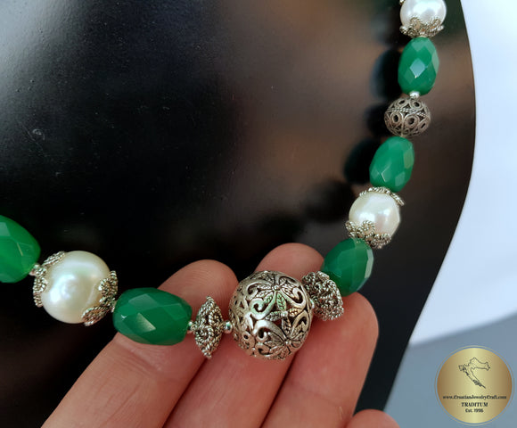 Beaded White Pearl Necklace, Green Aventurine Gemstone Necklace, Dubrovnik Filigree Ball Necklace, Croatian Traditional Jewelry, Sterling - CroatianJewelryCraft