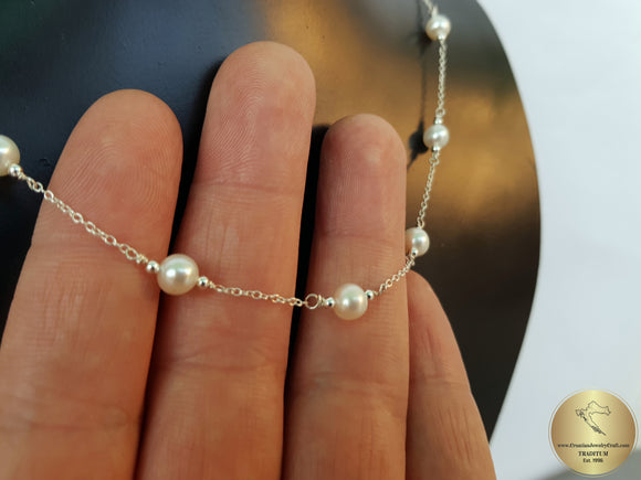 Unique Dainty Tiny Bead White Pearl Necklace, Freshwater Pearl Small Bead Necklace, Sterling Silver Thin Chain Necklace, Layering Necklace - CroatianJewelryCraft
