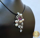 Colorful Reacme Shaped Violet Stone Pendant, Faceted Amethyst, White Topaz, Natural Multicolor Freshwater Pearl ( white, silver and peach ) - CroatianJewelryCraft