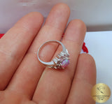 Fire Opal Ring w Zircon, Sterling Silver Ring, Flower Ring, Pink Opal Ring, Rose CZ Ring, October Birthstone Ring, Women's Ring, Bezel Ring - CroatianJewelryCraft