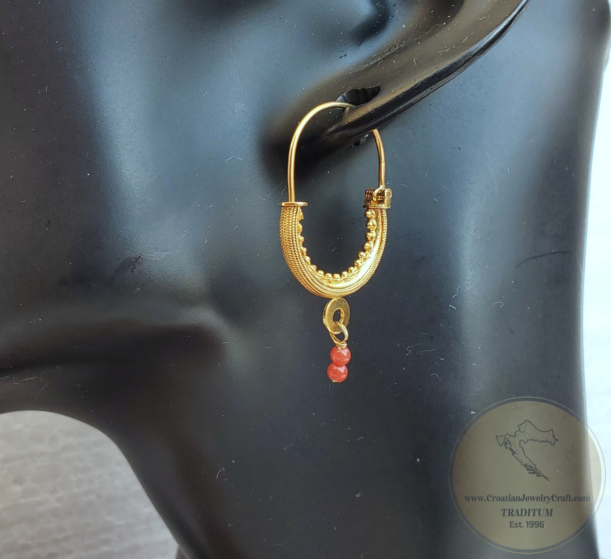 Dubrovnik Filigree Hoop Earrings, 14K Gold Red Coral Earrings, Traditional Croatian Solid 14K Gold Hoops, Mediterranean Coral Dangle Hoops Default