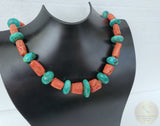 Unique Statement Necklace, Untreated Precious Old Mediterranean Coral Necklace, Natural Turquoise Necklace, Solid 14k Gold Necklace - CroatianJewelryCraft