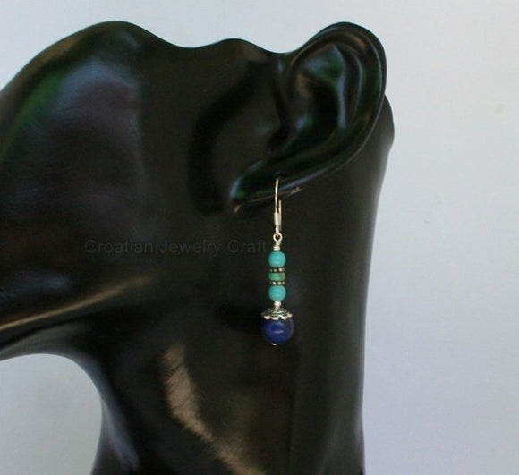 Turquoise Earrings, Blue Lapis Earrings, Lapis Lazuli Earrings, Sterling Earrings, Natural Gemstone Earrings, Beaded Dangle Earrings - CroatianJewelryCraft