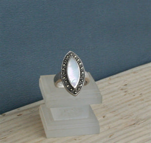 Oval Mother of Pearl Ring, Sterling Silver Ring, White Pearl Nacre Ring, Handmade Ring, Bezel Ring, Womens Ring, Marcasite Ring, Fine Rings - Traditional Croatian Jewelry
