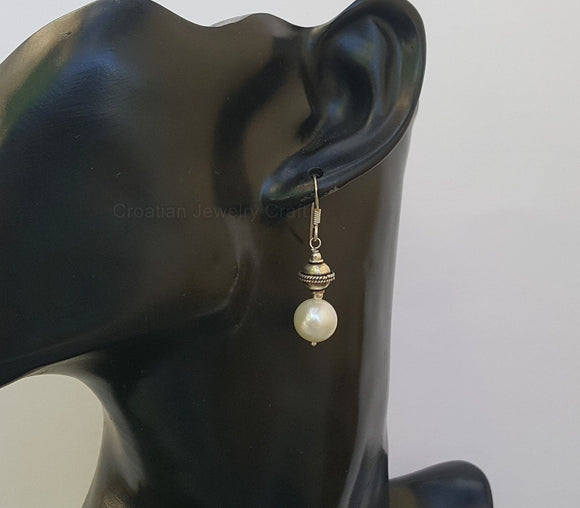 White Freshwater Pearl Earrings, Simple Pearl Dangle Earrings, Sterling Silver Pearl Earrings, Bridesmaids Jewelry, Natural Pearl Jewelry - Traditional Croatian Jewelry