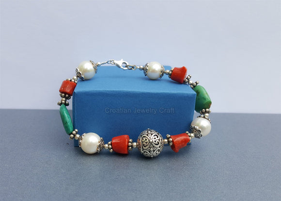 Unique Beaded Stone Variety Bracelet, ( Mediterranean Coral, Turquoise, Freshwater Pearl ), Natural Gemstone Floral Ball Bracelet, Sterling - Traditional Croatian Jewelry