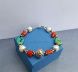 Unique Beaded Stone Variety Bracelet, ( Mediterranean Coral, Turquoise, Freshwater Pearl ), Natural Gemstone Floral Ball Bracelet, Sterling - Traditional Croatian Jewelry