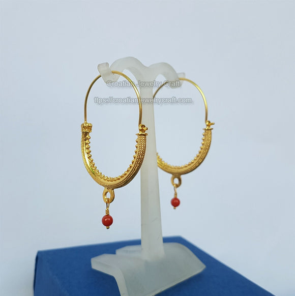 Croatian Filigree Hoop Earrings, Gold Plated Hoops, Red Coral Dangle Hoops, Wedding Earrings, 24k Gold Plated Sterling Silver Earrings - Traditional Croatian Jewelry