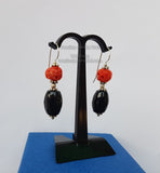 Faceted Black Onyx Earrings, Orange Coral Drop Earrings, Black Stone Earrings, Rustic Earrings, Untreated Mediterranean Coral & Sterling Slv - Traditional Croatian Jewelry