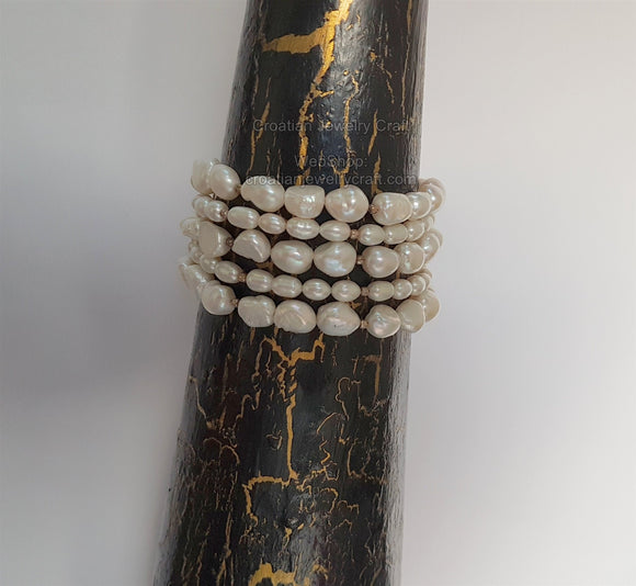 White Pearl Bracelet, Multi Strand Pearl Bracelet, Simple Natural Pearl Bridal Bracelet, Sterling Silver Freshwater Pearl Wedding Jewelry - Traditional Croatian Jewelry