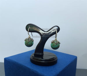 Malachite Earrings, Small Green Stone Earrings, Small Silver Drop Earrings, Natural Gemstone Bead Earrings, Filigree - Traditional Croatian Jewelry
