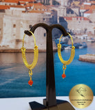 Croatian Filigree Hoop Earrings, Gold Plated Hoops, Red Coral Dangle Hoops, Wedding Earrings, 24k Gold Plated Sterling Silver Earrings - Traditional Croatian Jewelry