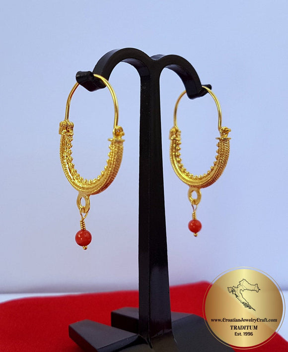 Croatian Filigree Hoop Earrings, Gold Plated Hoops, Red Coral Dangle Hoops, Wedding Earrings, 24k Gold Plated Sterling Silver Earrings - Traditional Croatian Jewelry