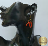 1st Cl Mediterranean Red Coral Branch Earrings, Unique Handcrafted Earrings, Untreated  Coral Chandelier Earrings,  Solid 14k Gold Earrings