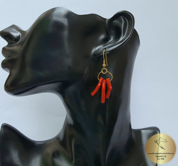 1st Cl Mediterranean Red Coral Branch Earrings, Unique Handcrafted Earrings, Untreated  Coral Chandelier Earrings,  Solid 14k Gold Earrings