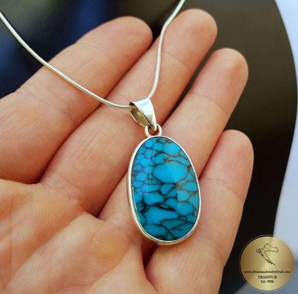 Oval Shaped Blue Turquoise Pendant, Sterling Silver Simple Blue Stone Pendant, Handmade Jewelry - Traditional Croatian Jewelry