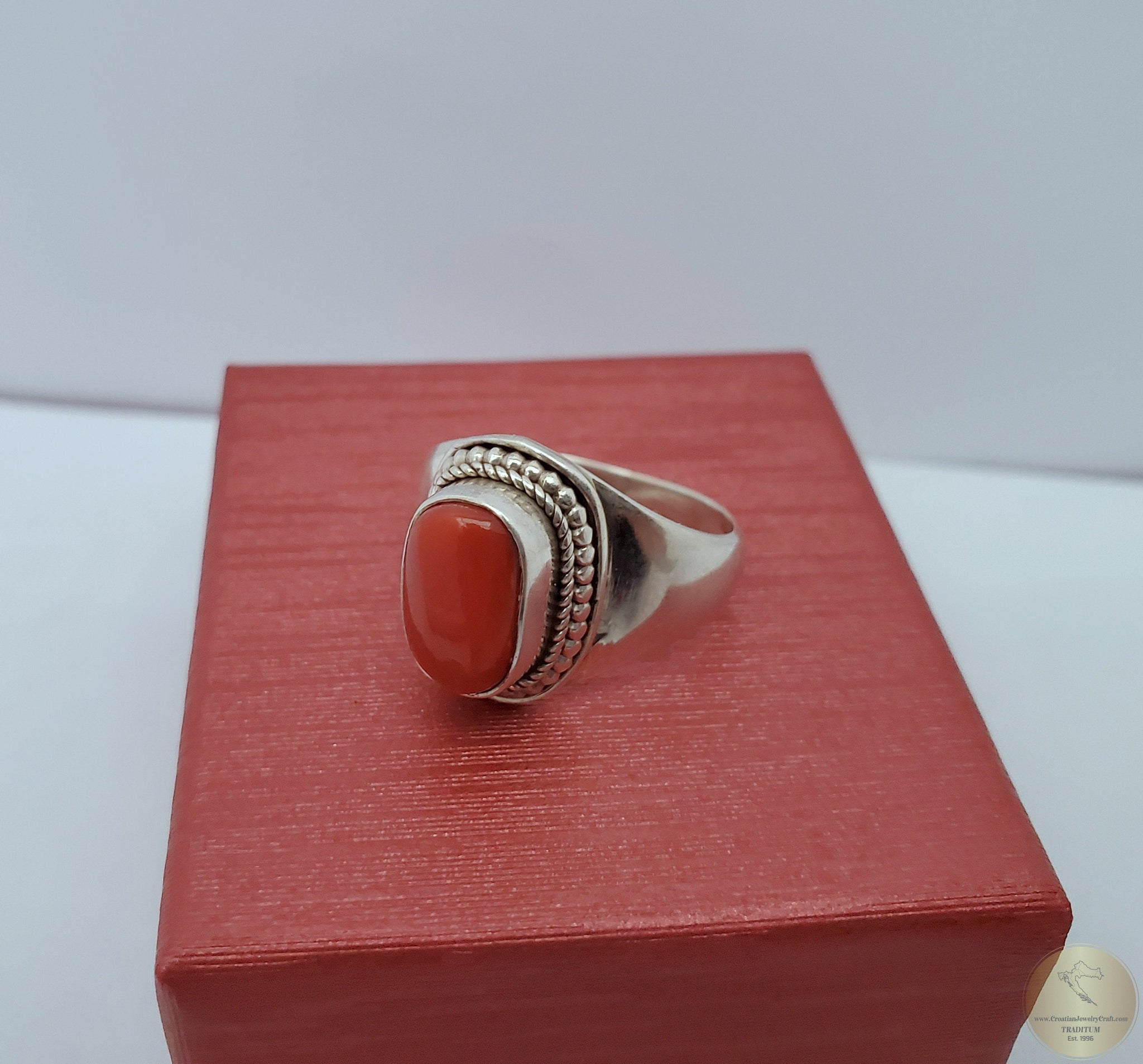Fine Designer 14K White Gold Red Coral Long Oval Cabochon & .34 CTW Diamond  Halo Cascading Band Ring | Native American Jewelry