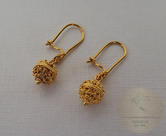 14k Gold Earrings, Traditional Croatian Filigree Ball Earrings, Ethnic Dubrovnik Jewelry, Simple Gold Earrings, Solid Gold Wedding Jewelry