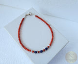 Colorful Small Bead Red Coral Bracelet, Mediterranean Coral Sterling Silver Bracelet, Beaded Skinny Lapis Lazuli Blue Gemstone Bracelet