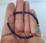 Colorful Small Bead Lapis Bracelet, w Mediterranean Coral & Turquoise Gemstone Bracelet, Sterling Silver Bracelet, Blue Stone Bracelet