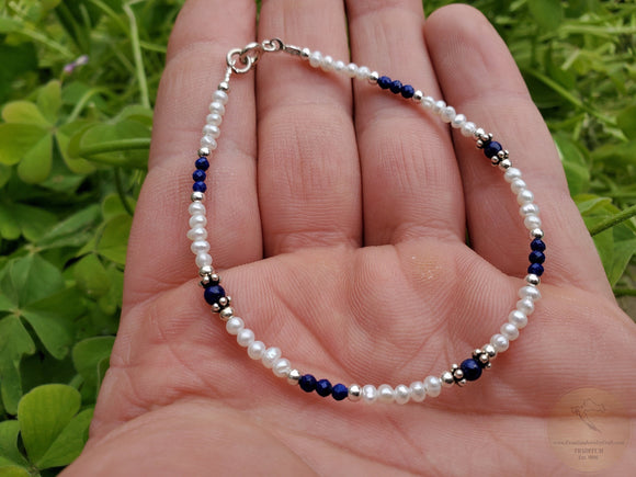 Dainty Small Bead White & Blue Bracelet, White Pearl Bracelet, Lapis Lazuli Bracelet, Freshwater Pearl Sterling Silver Gemstone Bracelet