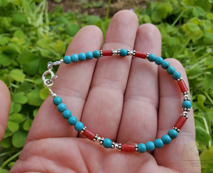 Small Round Bead Turquoise Bracelet, Red Mediterranean Coral Sterling Silver Bracelet, Natural Coral Jewelry