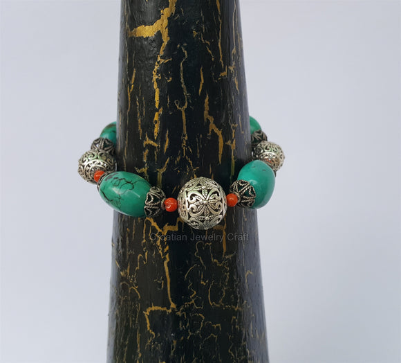 Unique Statement Bracelet, Chunky Turquoise Bracelet, Mediterranean Coral Bracelet, Floral Ball Bracelet, Untreated Natural Coral Jewelry - CroatianJewelryCraft