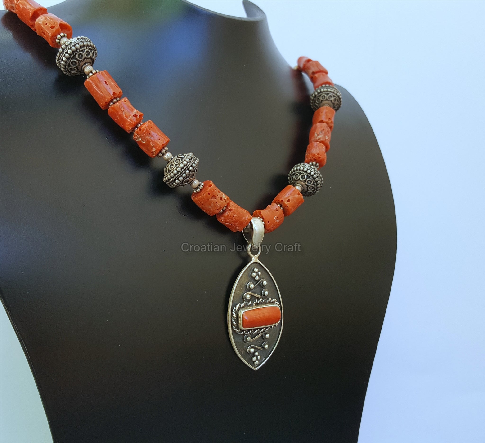 Vintage buy Silver Necklace With Red Coral Pendant